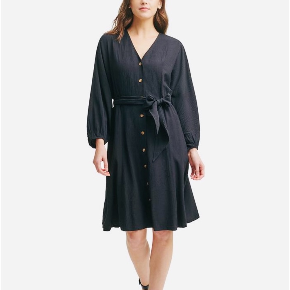 🌻 Calvin Klein V-Neck 3/4 Sleeve Button-down Belted Dress, Size 8, Black (NWOT)